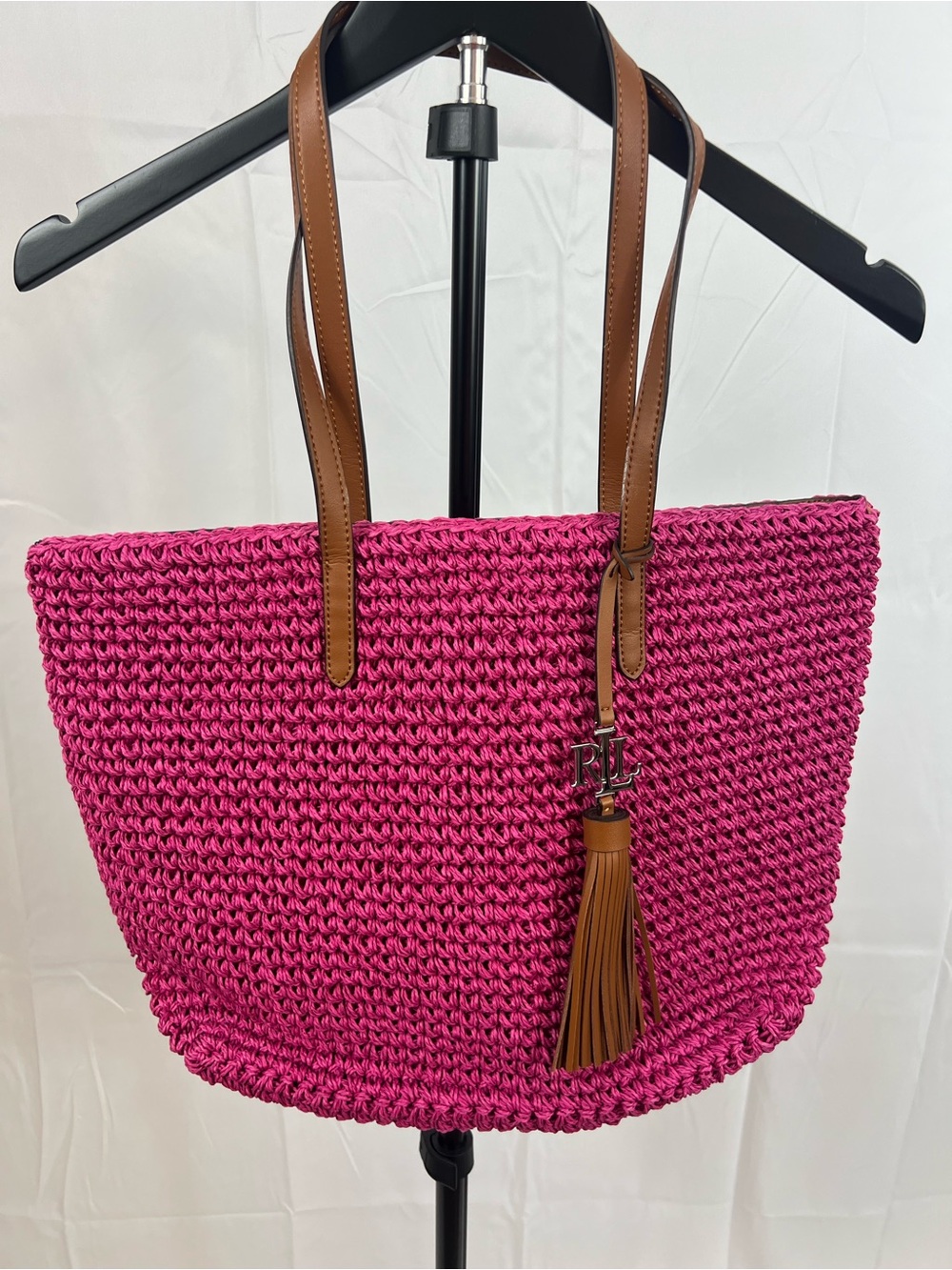 Ralph Lauren Crochet Straw Whitney Tote Bag Pink